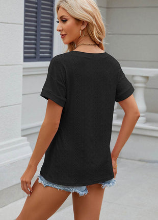 Eyelet V-Neck Short Sleeve T-Shirt - MimiStylez