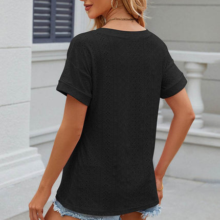 Eyelet V-Neck Short Sleeve T-Shirt - MimiStylez