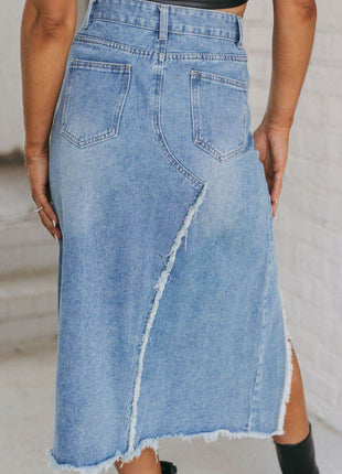 Raw Hem Slit Denim Skirt with Pockets - MimiStylez