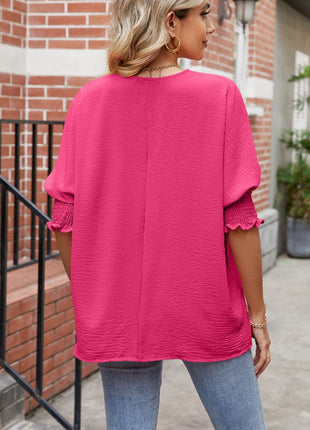 Round Neck Smocked Lantern Sleeve Blouse - MimiStylez