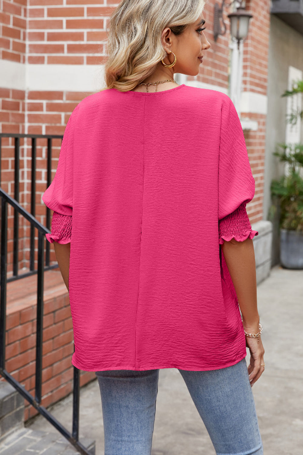 Round Neck Smocked Lantern Sleeve Blouse