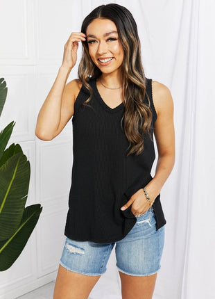 Blumin Apparel Chance of Sun Full Size Ribbed V-Neck Tank in Black - MimiStylez
