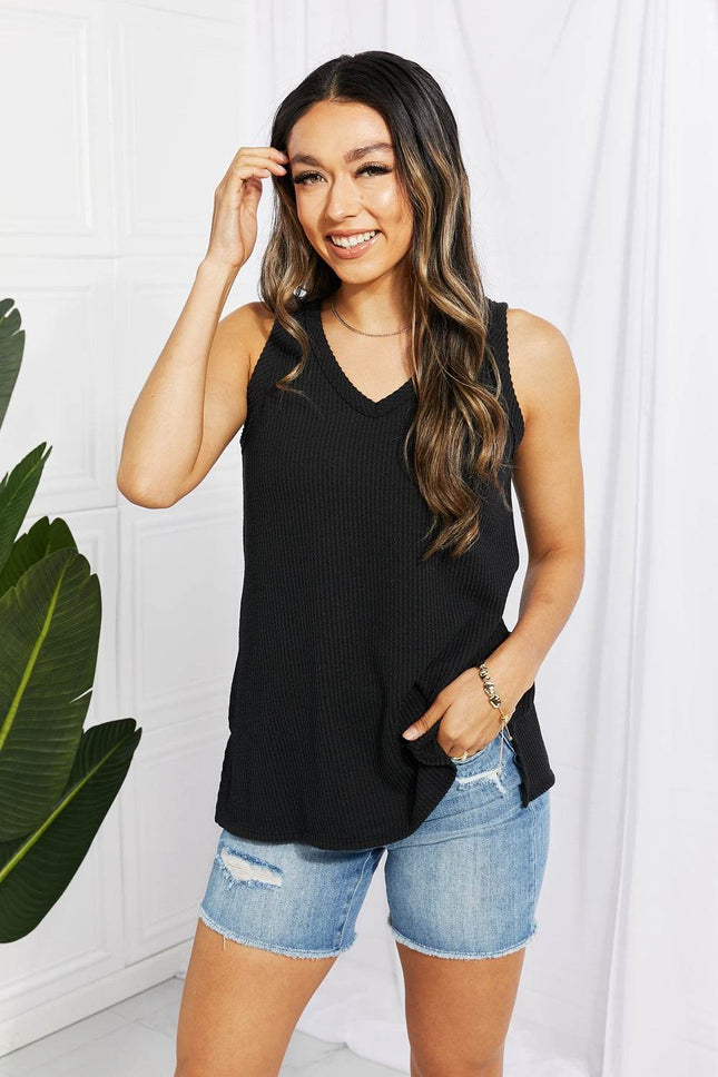 Blumin Apparel Chance of Sun Full Size Ribbed V-Neck Tank in Black - MimiStylez