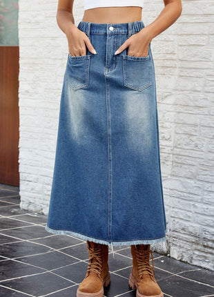 Raw Hem Buttoned Denim Skirt with Pockets - MimiStylez