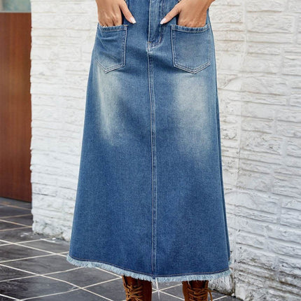 Raw Hem Buttoned Denim Skirt with Pockets - MimiStylez
