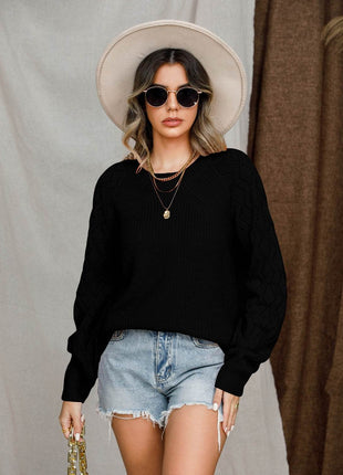 Openwork Round Neck Raglan Sleeve Sweater - MimiStylez