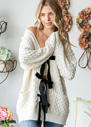 First Love Tie Closure Open Knit Cardigan - MimiStylez