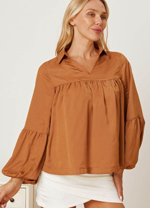 Balloon Sleeve Collared Neck Blouse - MimiStylez