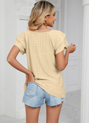Eyelet Layered Flutter Sleeve V-Neck Knit Top - MimiStylez