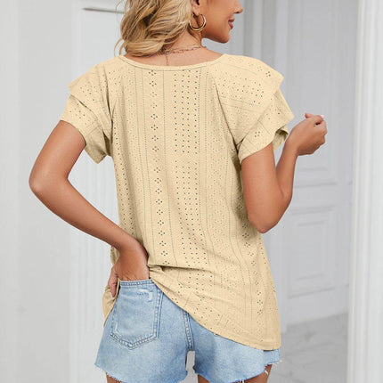 Eyelet Layered Flutter Sleeve V-Neck Knit Top - MimiStylez