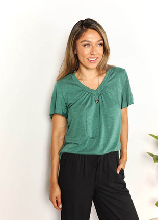 Double Take Ruched V-Neck Short Sleeve T-Shirt - MimiStylez