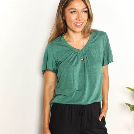 Double Take Ruched V-Neck Short Sleeve T-Shirt - MimiStylez