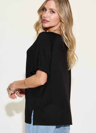 Basic Bae Full Size Bamboo Slit V-Neck Short Sleeve T-Shirt - MimiStylez