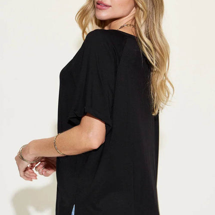 Basic Bae Full Size Bamboo Slit V-Neck Short Sleeve T-Shirt - MimiStylez