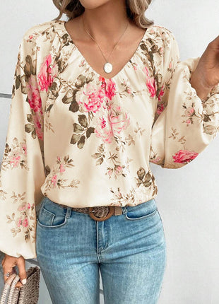 Floral V-Neck Balloon Sleeve Blouse - MimiStylez