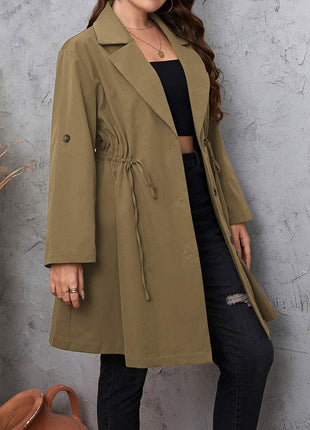 Plus Size Lapel Collar Drawstring Roll-Tab Sleeve Trench Coat - MimiStylez