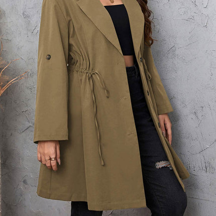 Plus Size Lapel Collar Drawstring Roll-Tab Sleeve Trench Coat - MimiStylez