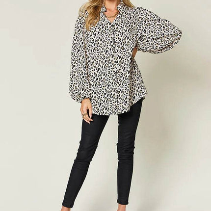 Double Take Full Size Leopard Long Sleeve Blouse - MimiStylez