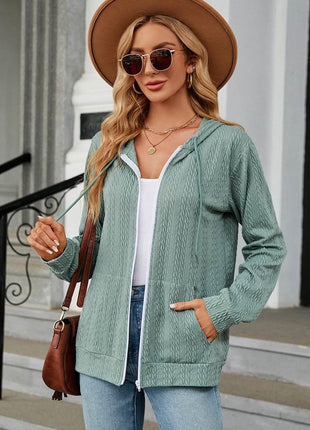 Drawstring Zip Up Long Sleeve Hoodie - MimiStylez