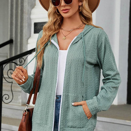 Drawstring Zip Up Long Sleeve Hoodie - MimiStylez