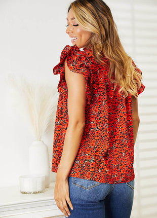 Double Take Floral Flutter Sleeve Notched Neck Blouse - MimiStylez