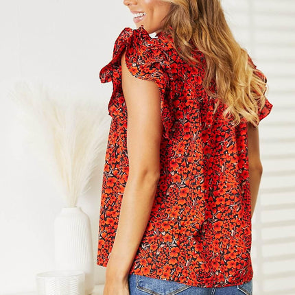 Double Take Floral Flutter Sleeve Notched Neck Blouse - MimiStylez