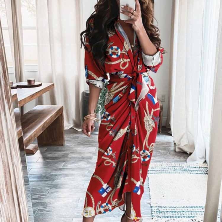 Sexy Printed Pleated Irregular Tie Dress