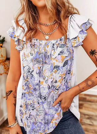 Ruffled Floral Square Neck Cap Sleeve Blouse - MimiStylez