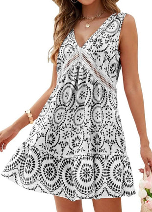 Printed V-Neck Sleeveless Mini Dress - MimiStylez