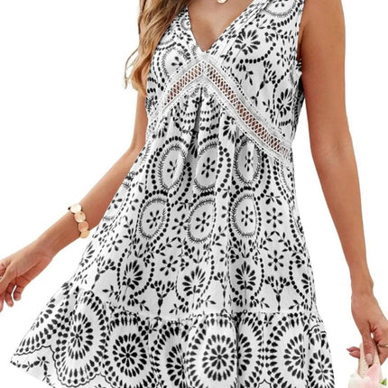 Printed V-Neck Sleeveless Mini Dress - MimiStylez