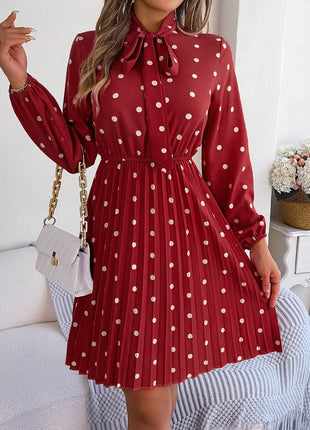 Polka Dot Tie Neck Pleated Dress - MimiStylez