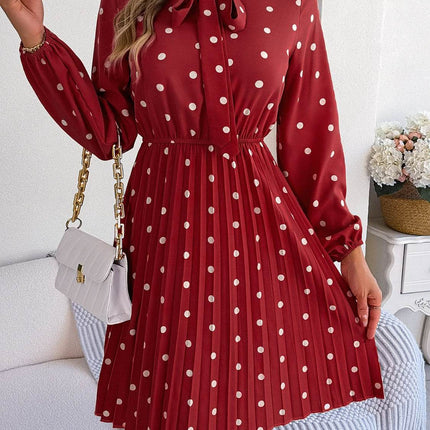 Polka Dot Tie Neck Pleated Dress - MimiStylez