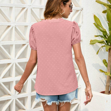 Swiss Dot Lace Detail V-Neck Blouse - MimiStylez