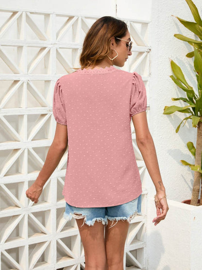 Swiss Dot Lace Detail V-Neck Blouse - MimiStylez