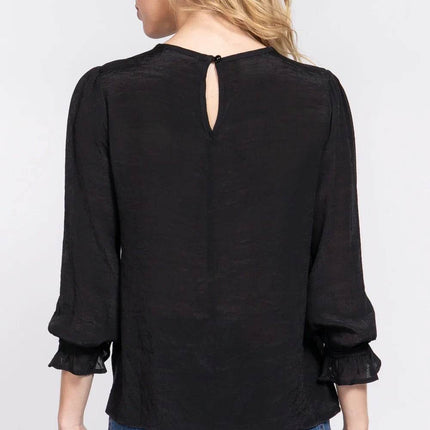 ACTIVE BASIC Crochet Lace Panel Flounce Sleeve Blouse - MimiStylez