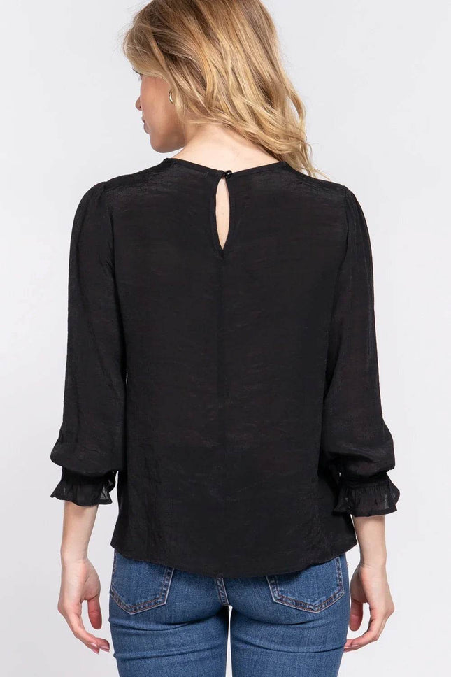 ACTIVE BASIC Crochet Lace Panel Flounce Sleeve Blouse - MimiStylez