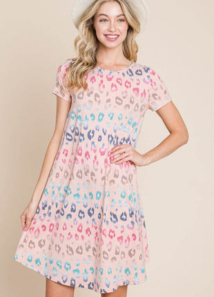 BOMBOM Leopard Round Neck Short Sleeve Dress - MimiStylez