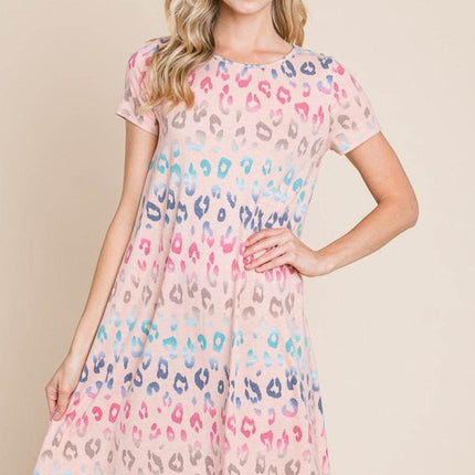 BOMBOM Leopard Round Neck Short Sleeve Dress - MimiStylez
