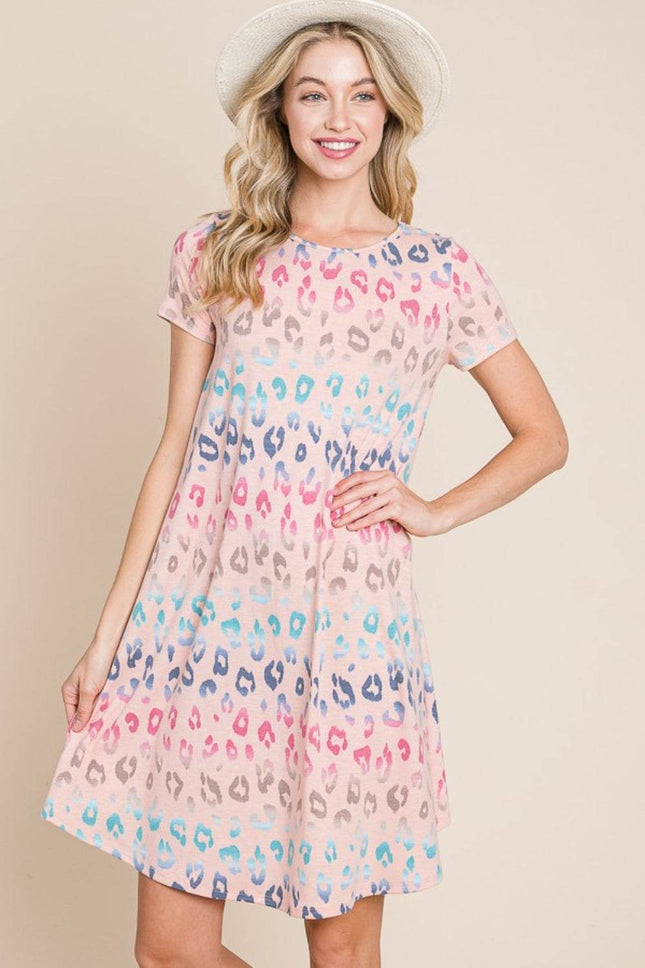 BOMBOM Leopard Round Neck Short Sleeve Dress - MimiStylez