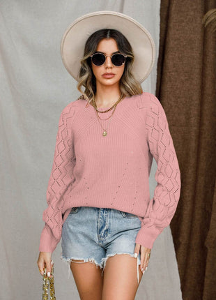 Openwork Round Neck Raglan Sleeve Sweater - MimiStylez