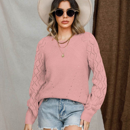 Openwork Round Neck Raglan Sleeve Sweater - MimiStylez