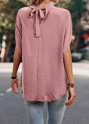 Swiss Dot Mock Neck Half Sleeve Blouse - MimiStylez