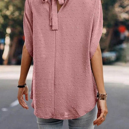 Swiss Dot Mock Neck Half Sleeve Blouse - MimiStylez