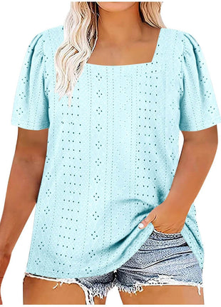 Casual U-neck Solid Color Hollow Loose-fitting T-shirt Top Plus Size - MimiStylez