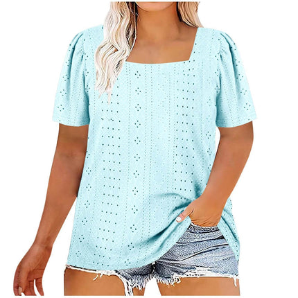 Casual U-neck Solid Color Hollow Loose-fitting T-shirt Top Plus Size - MimiStylez