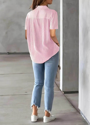 Full Size Striped Button-Up Casual Shirt with Pocket Plus Size - MimiStylez