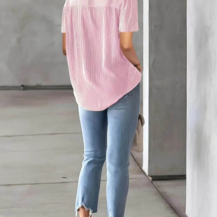 Full Size Striped Button-Up Casual Shirt with Pocket Plus Size - MimiStylez