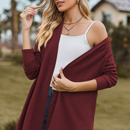 Textured Open Front Long Sleeve Cardigan - MimiStylez