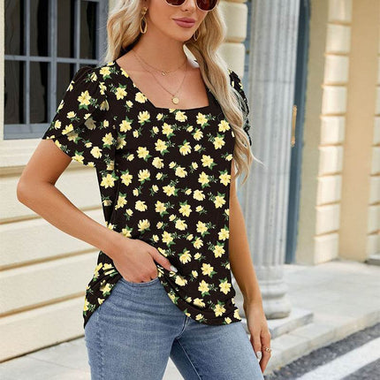 Square Neck Short-sleeved T-shirt With Petal Sleeve Design Bohemian Loose T-shirt - MimiStylez