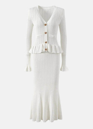 Ruffled V-Neck Top and Midi Skirt Sweater Set - MimiStylez